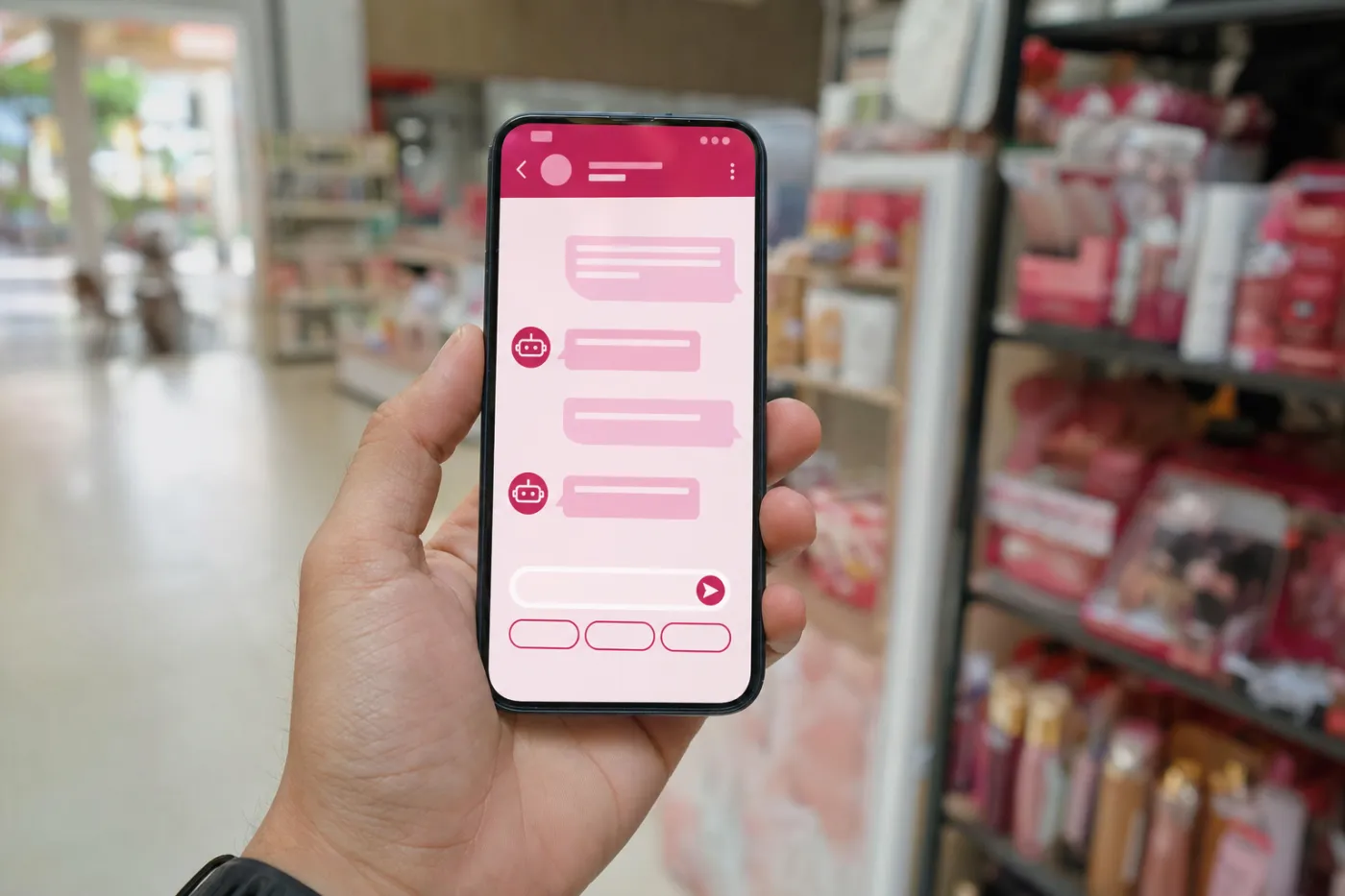 Celular mostrando una conversación con un bot de ventas en un local comercial