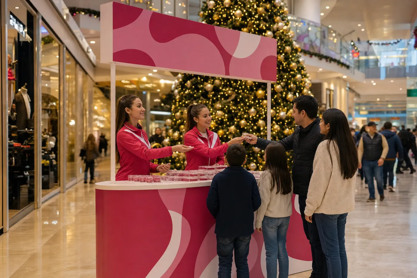 Activación de marca navideña en un centro comercial de Bogotá: promotoras entregando muestras a una familia frente al árbol de Navidad
