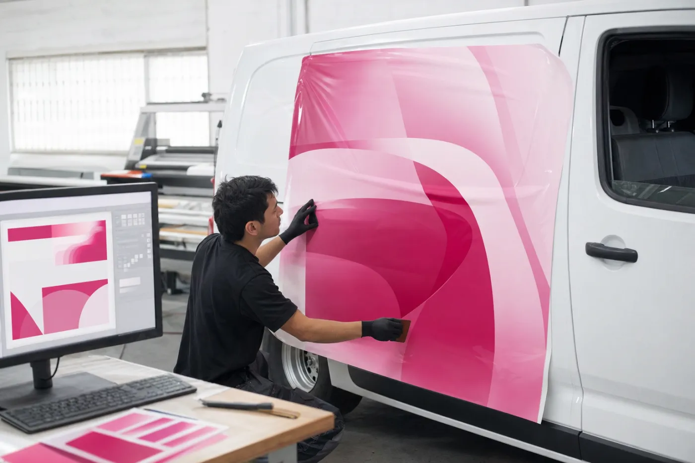 Instalador aplicando vinilo impreso en la puerta lateral de una camioneta de reparto en un taller de Bogotá