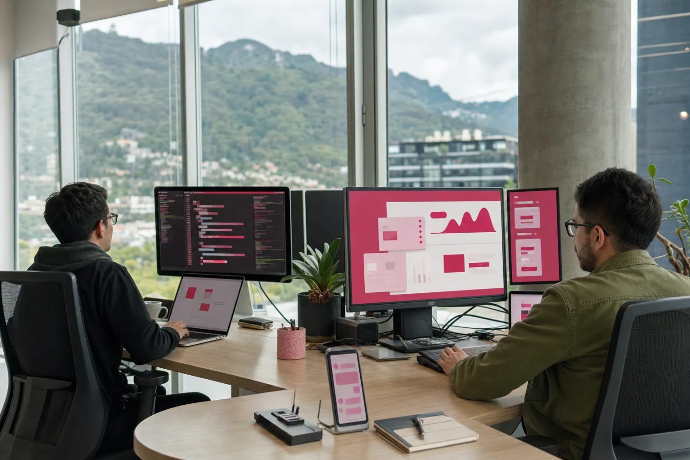 Equipo de desarrollo trabajando en una plataforma web en una oficina de Bogotá con los cerros orientales al fondo