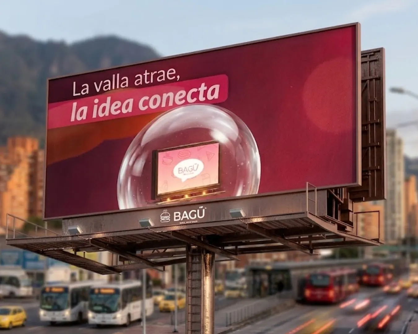 Valla publicitaria de gran formato con pieza de Bagu Medios sobre una avenida